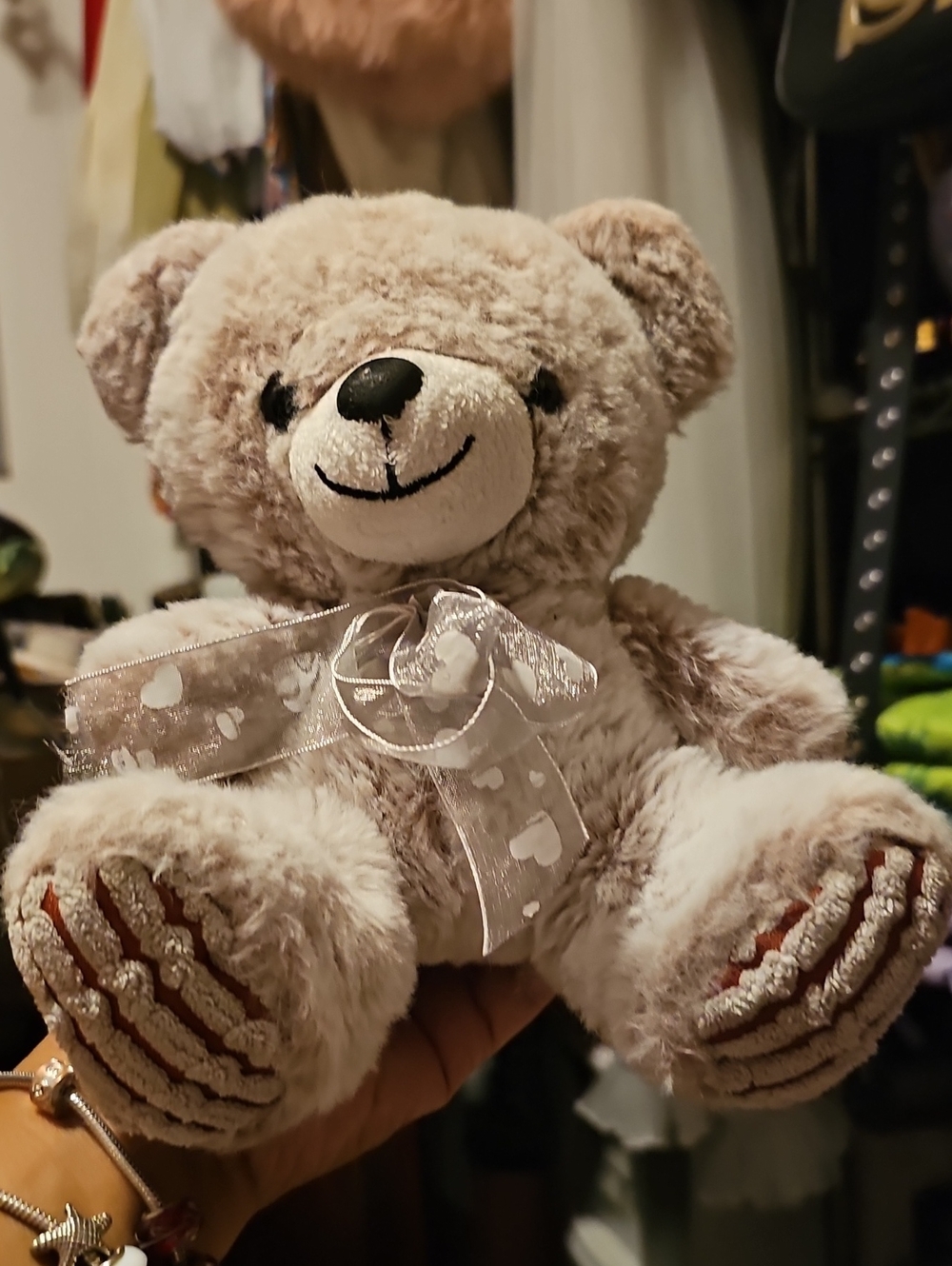 Plush Beige Teddy Bear with Heart Ribbon - Soft Home Accent